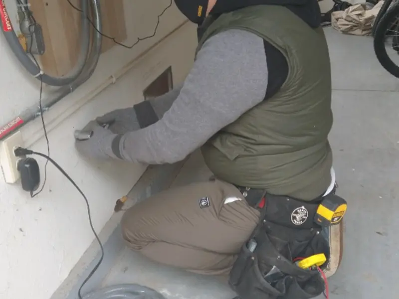 Electrician performing outlet wiring in a Colusa garage